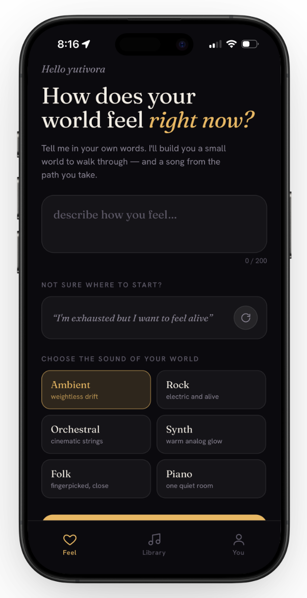The Feelscape Feel screen — how does your world feel right now?