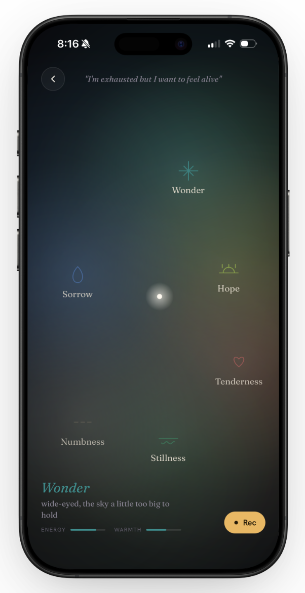 The Feelscape Walk map — glowing regions with the cursor