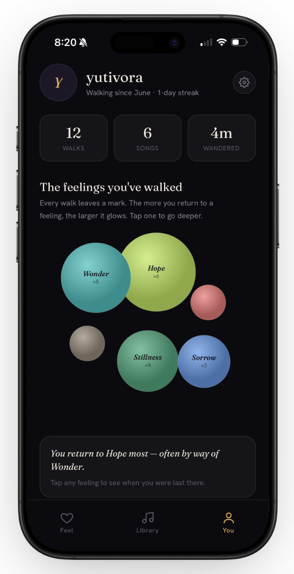 The Feelscape You screen — a constellation of the feelings you've walked
